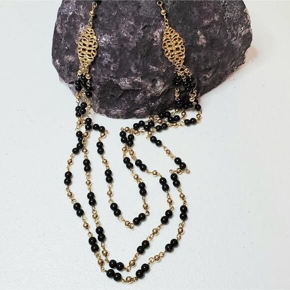 Costume Jewelry Gold-Tone Beaded Triple Loop Statement Necklace - Picture 7 of 7